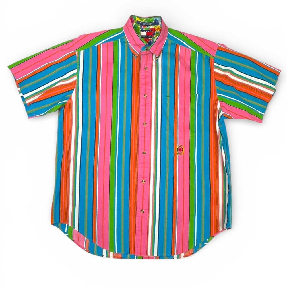 Vintage Tommy Hilfiger retro 90s Vibrant pink Striped Button-Down Shirt small